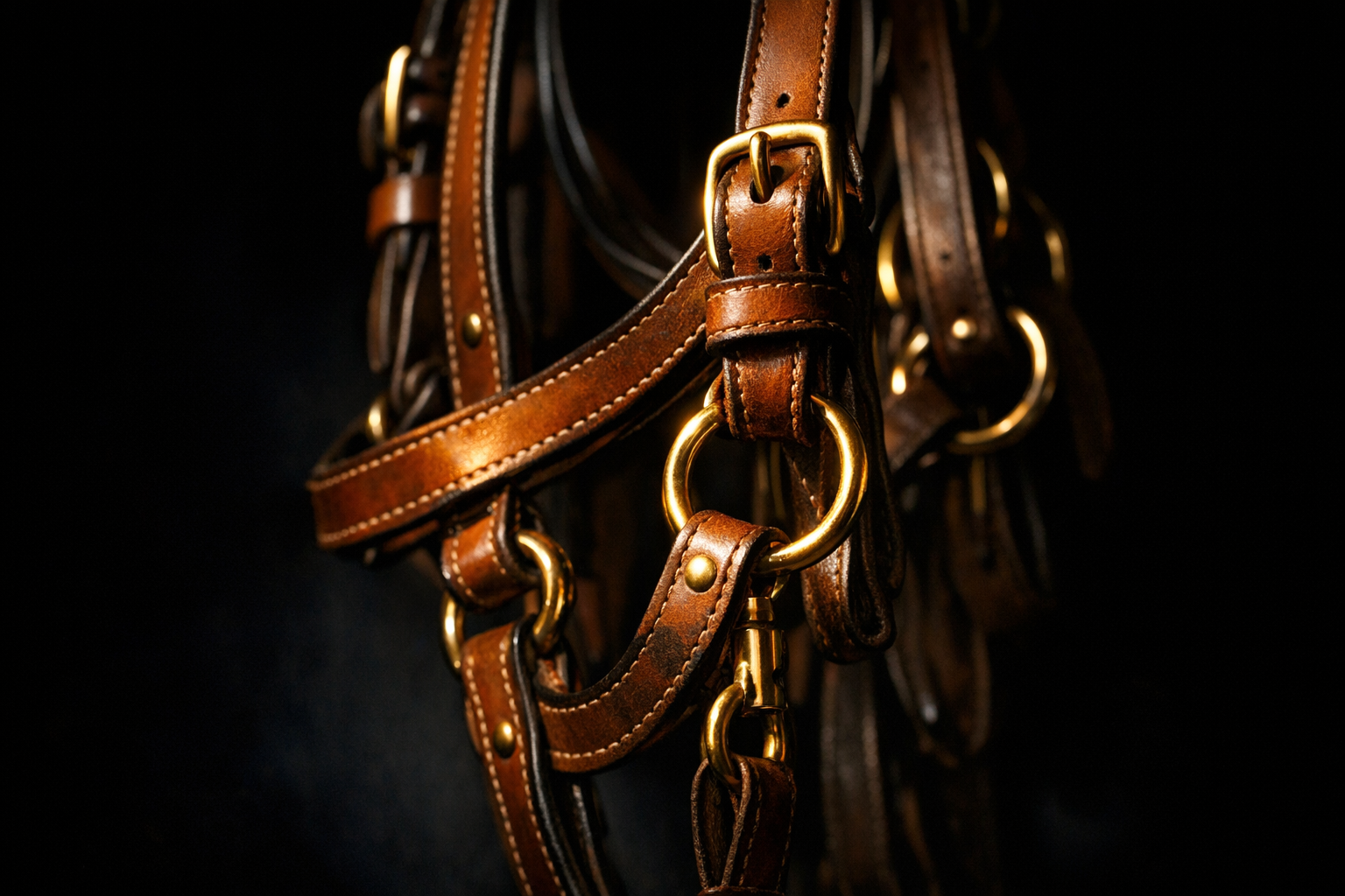 Close-up of a traditional leather horse harness with polished brass buckles, lit dramatically against a dark backdrop