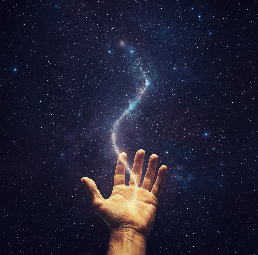A human hand reaching toward a spiral galaxy in the cosmos